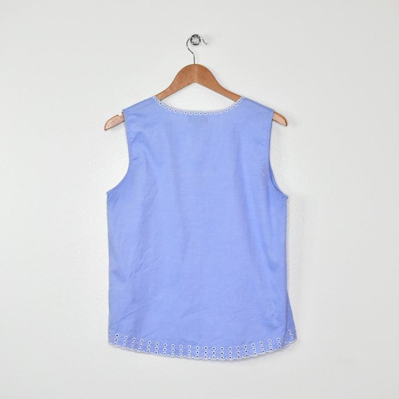 J. Crew Blue White Embroidered Eyelet Sleeveless Chambray Top Size 6 - Picture 13 of 15